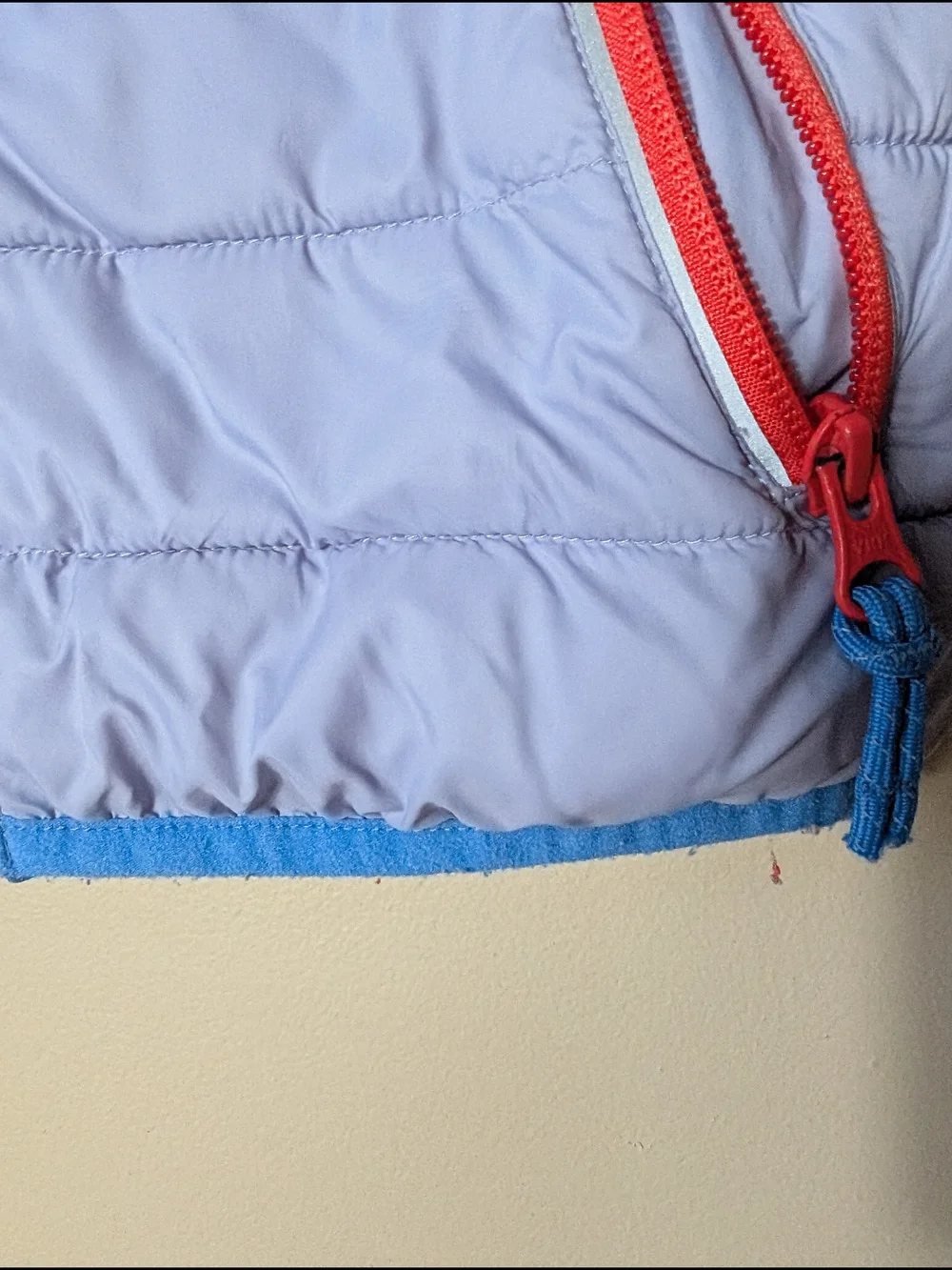 Mini Boden Lavender Body Blue Sleeves Puffer Jacket with Red Trim Size 5/6